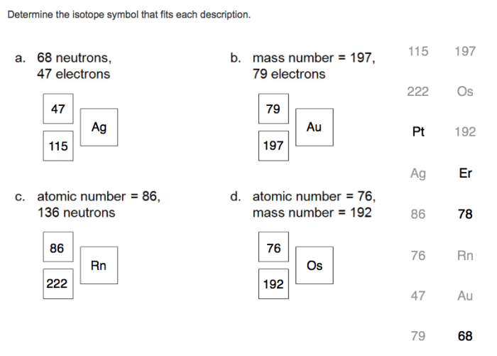 Determine the isotope symbol that fits each description