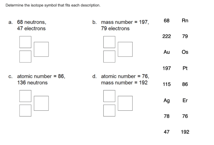 Determine the isotope symbol that fits each description